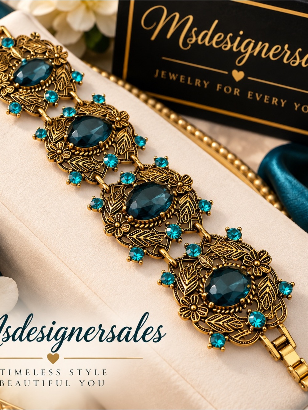 Gold Bracelet with Teal Blue Gemstones